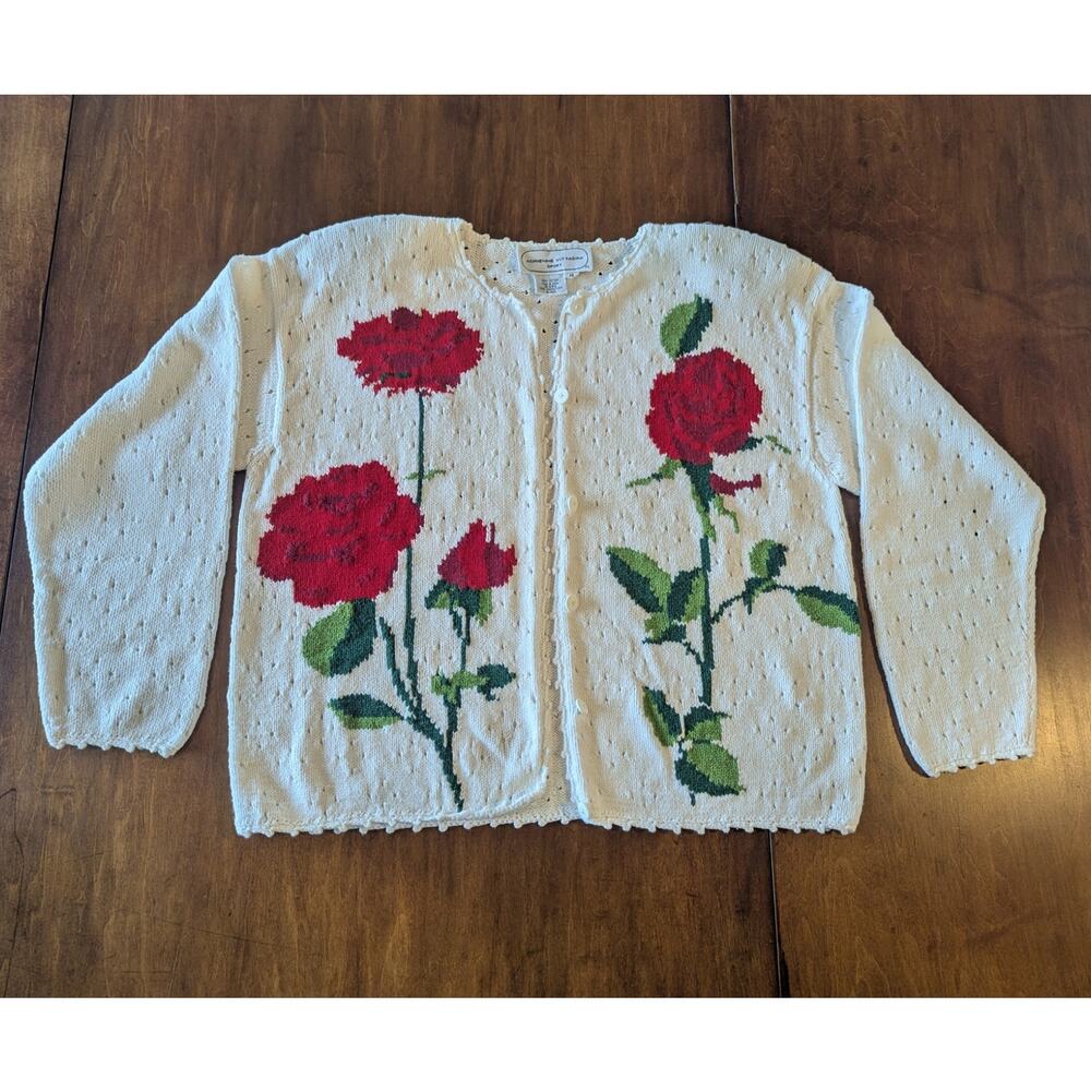 Vintage Adrienne Vittadini Cream Cardigan Embroidered Red Roses Sz M